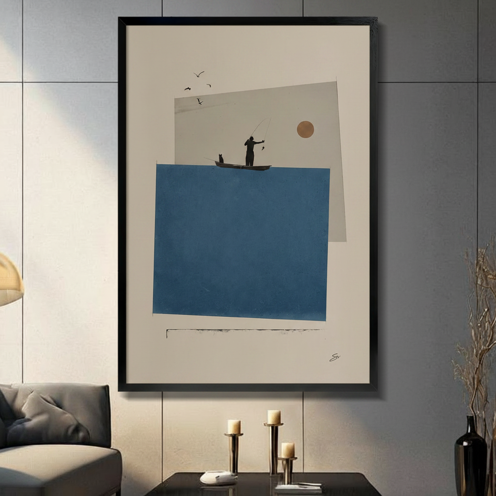 Minimalist Fisherman Cat Collage Canvas Wall Art