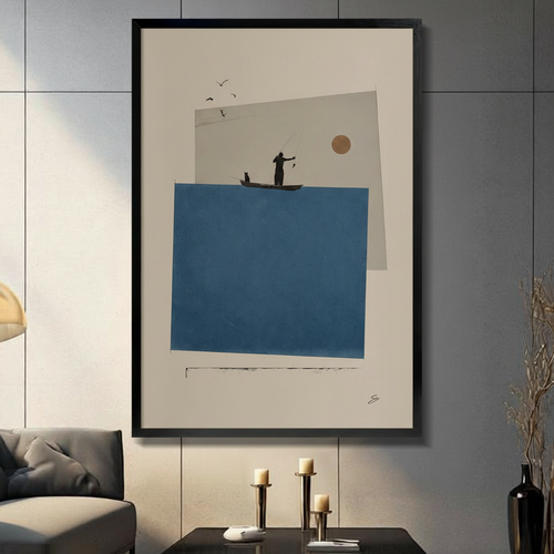 Minimalist Fisherman Cat Collage Canvas Wall Art