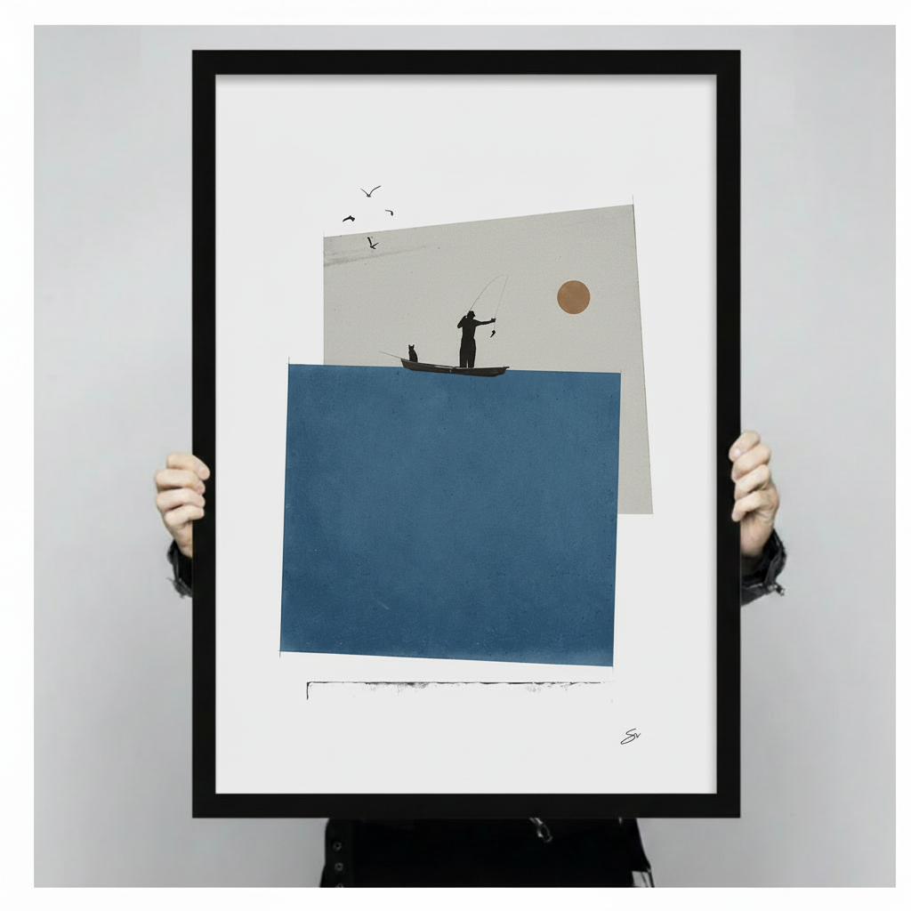 Minimalist Fisherman Cat Collage Canvas Wall Art