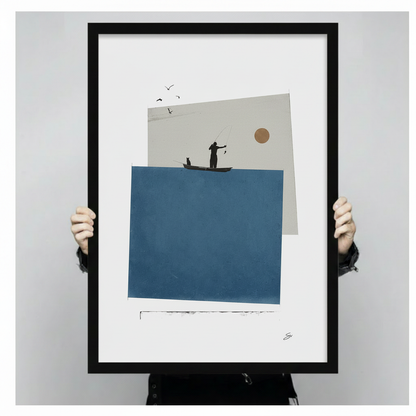 Minimalist Fisherman Cat Collage Canvas Wall Art