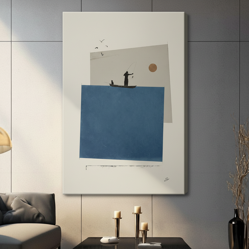 Minimalist Fisherman Cat Collage Canvas Wall Art