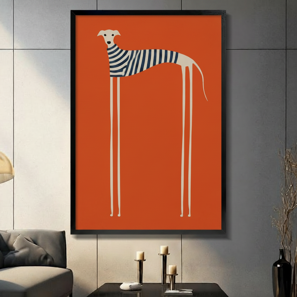 Minimalist Greyhound Striped Sweater Orange Canvas Wall Art