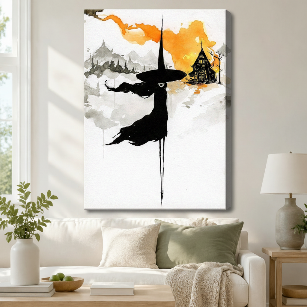 Witch Silhouette Watercolor Halloween Canvas Wall Art