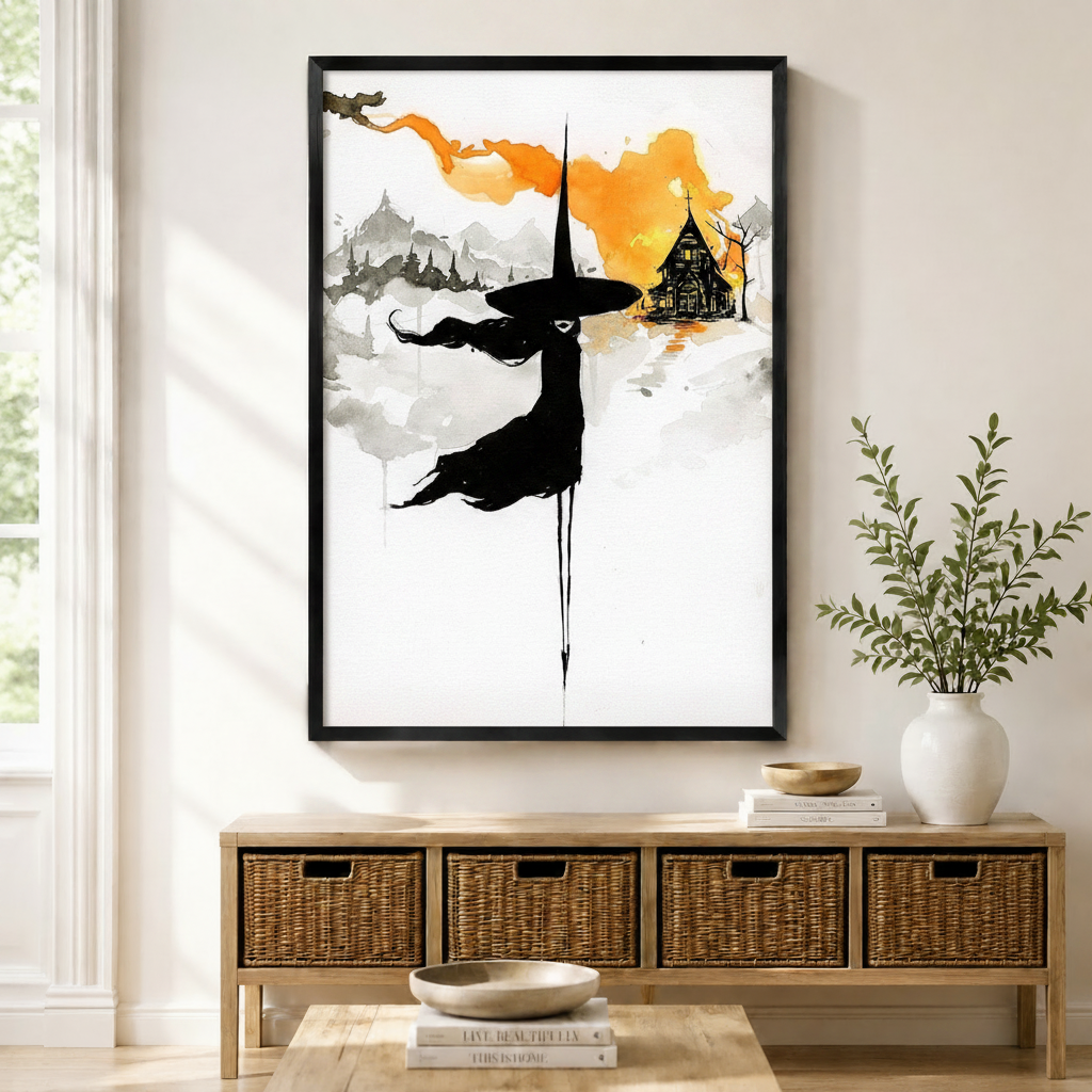 Witch Silhouette Watercolor Halloween Canvas Wall Art