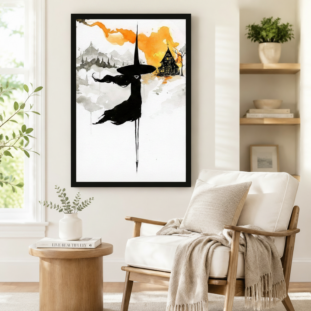Witch Silhouette Watercolor Halloween Canvas Wall Art