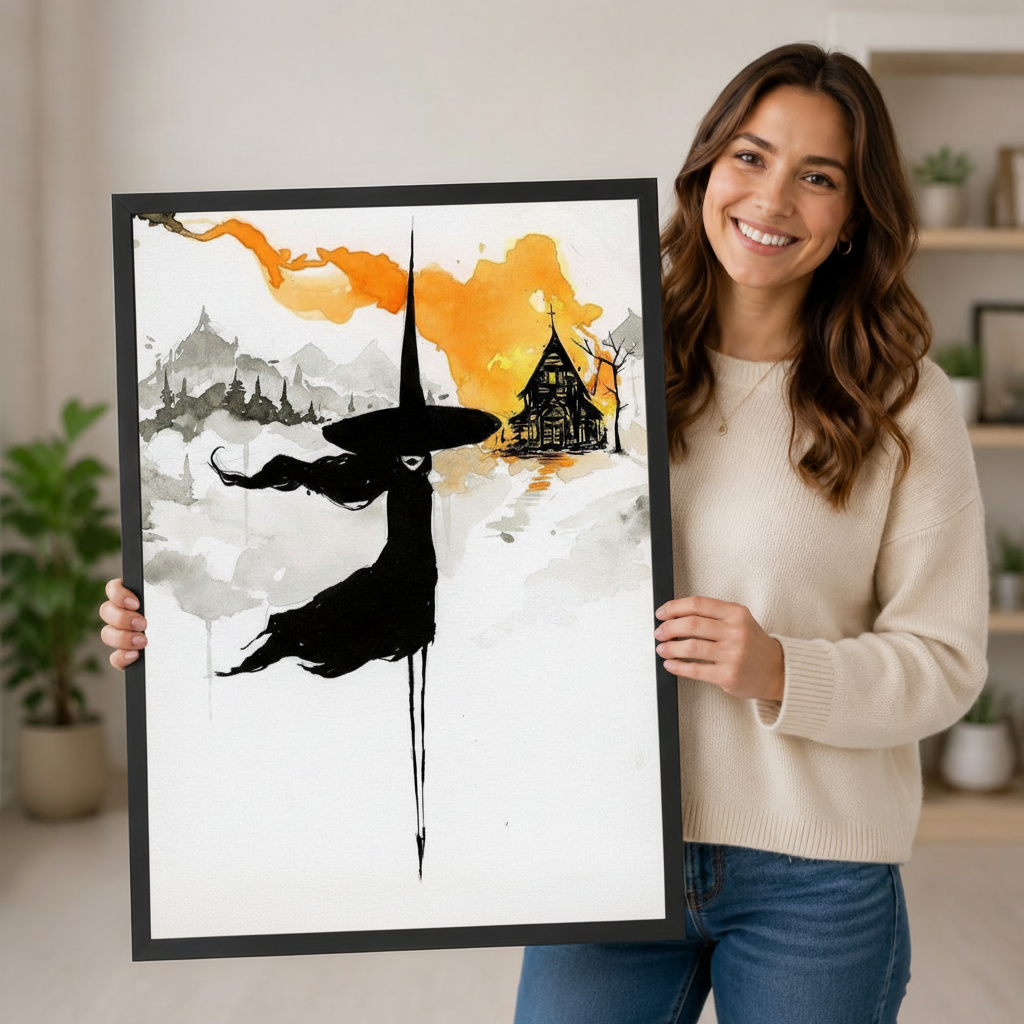 Witch Silhouette Watercolor Halloween Canvas Wall Art