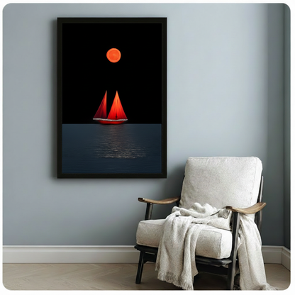 Red Sailboat Blood Moon Night Canvas Art Wall Art
