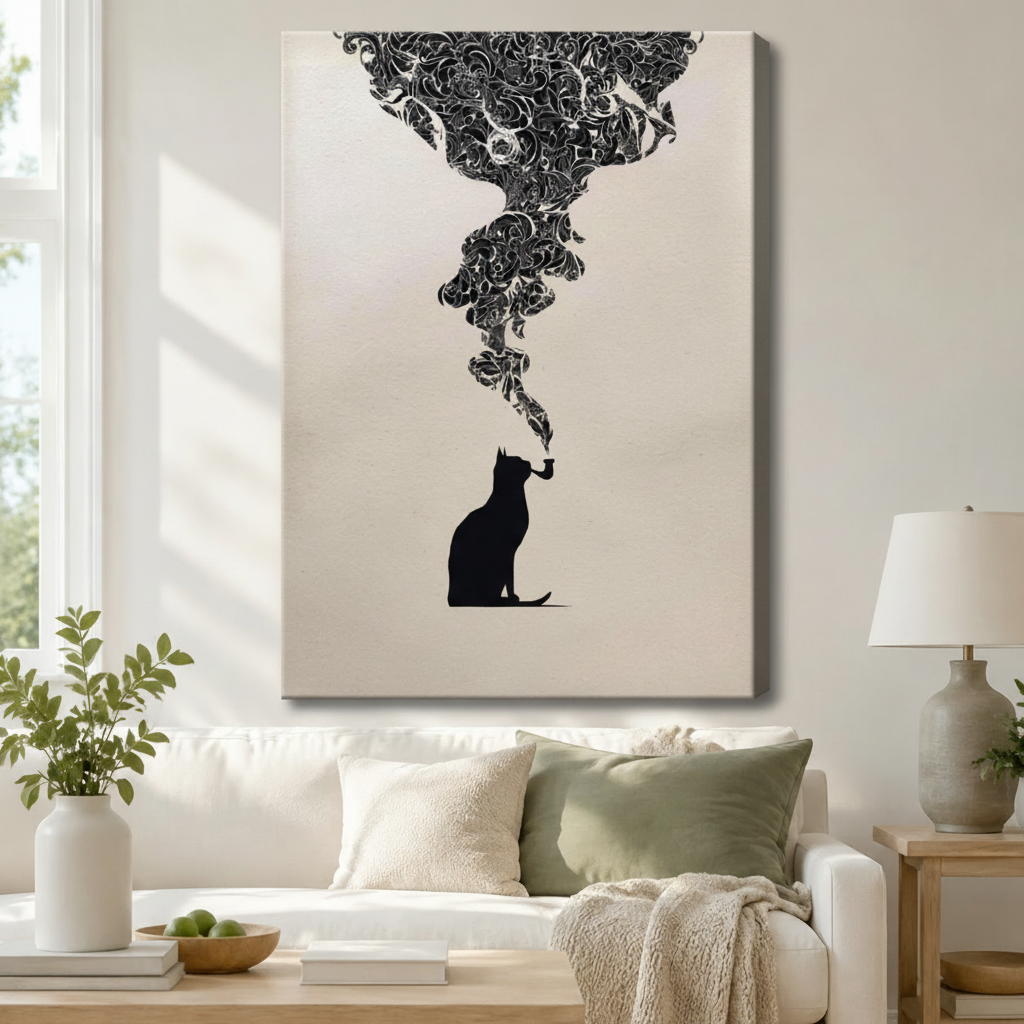 Smoking Cat Floral Surreal Black White Canvas Art
