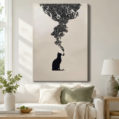 Smoking Cat Floral Surreal Black White Canvas Art