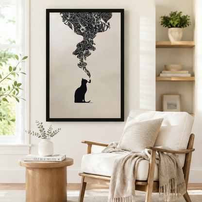 Smoking Cat Floral Surreal Black White Canvas Art