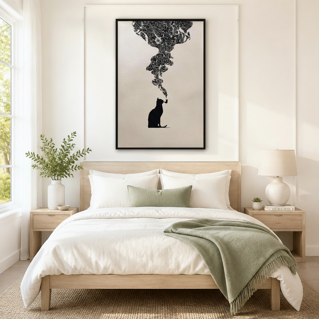 Smoking Cat Floral Surreal Black White Canvas Art