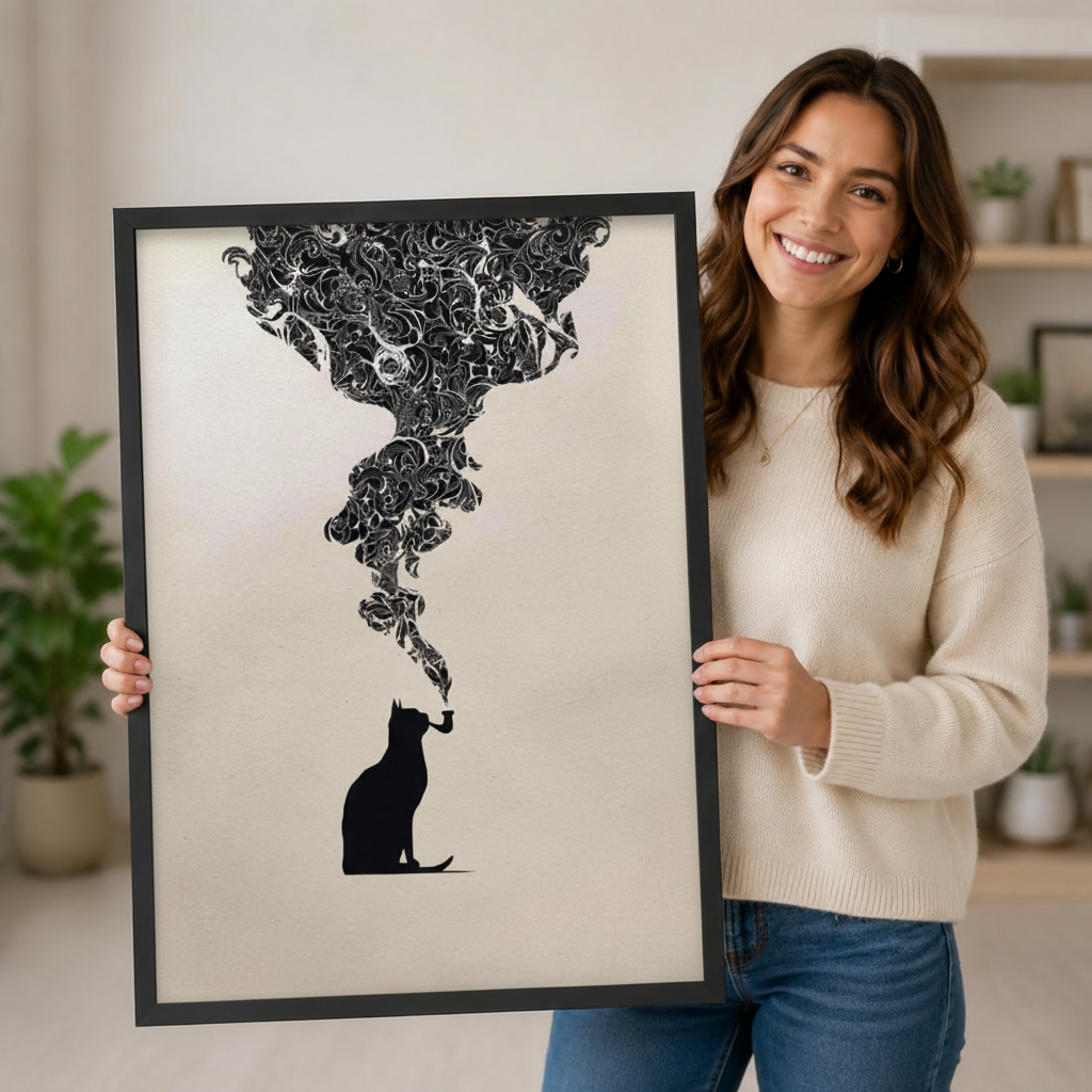 Smoking Cat Floral Surreal Black White Canvas Art