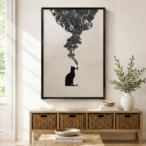 Smoking Cat Floral Surreal Black White Canvas Art