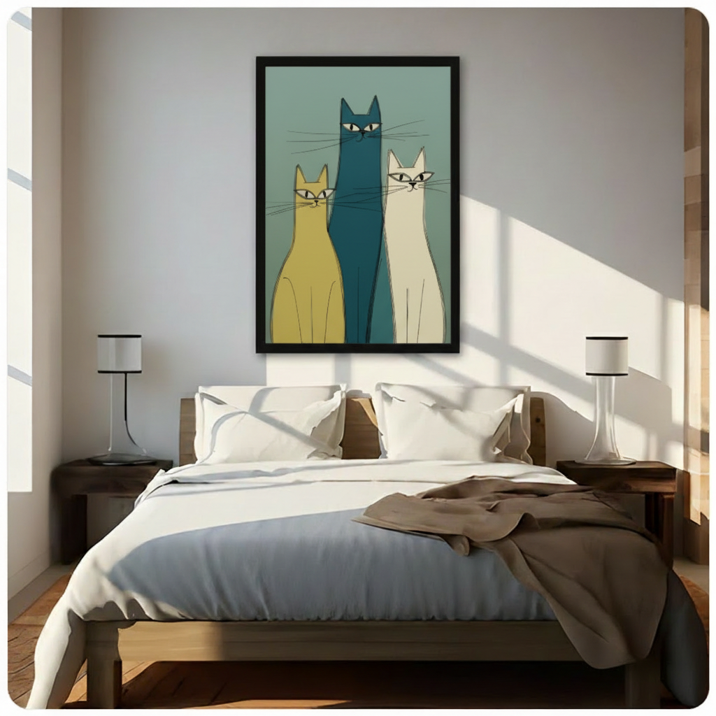 Mid-Century Modern Three Cats Canvas Wall Art