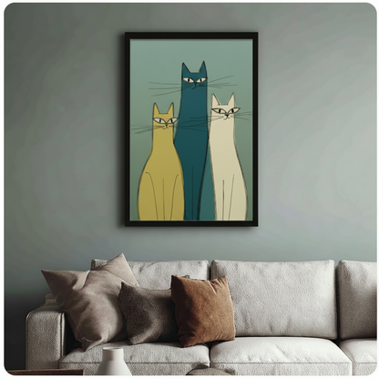 Mid-Century Modern Three Cats Canvas Wall Art
