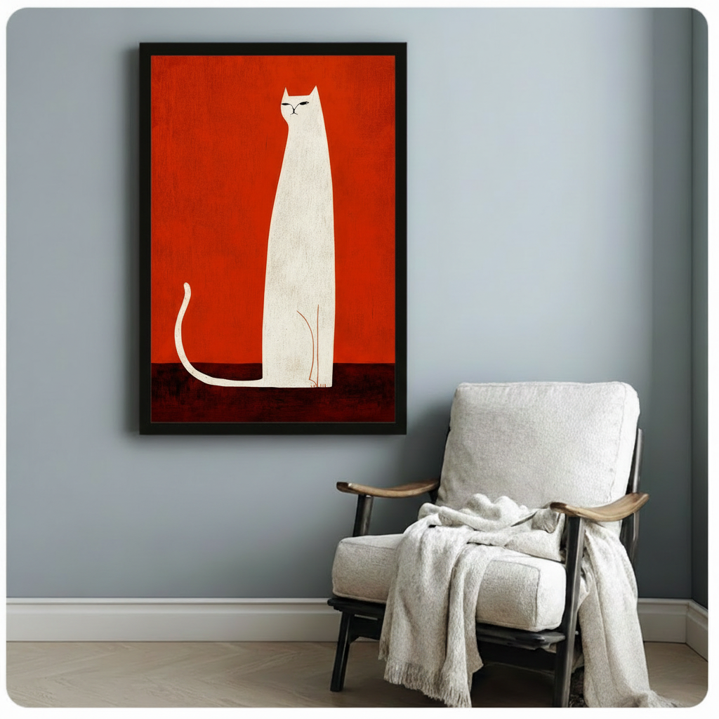 Bold White Cat Red Canvas Wall Art