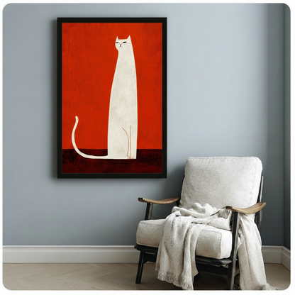 Bold White Cat Red Canvas Wall Art