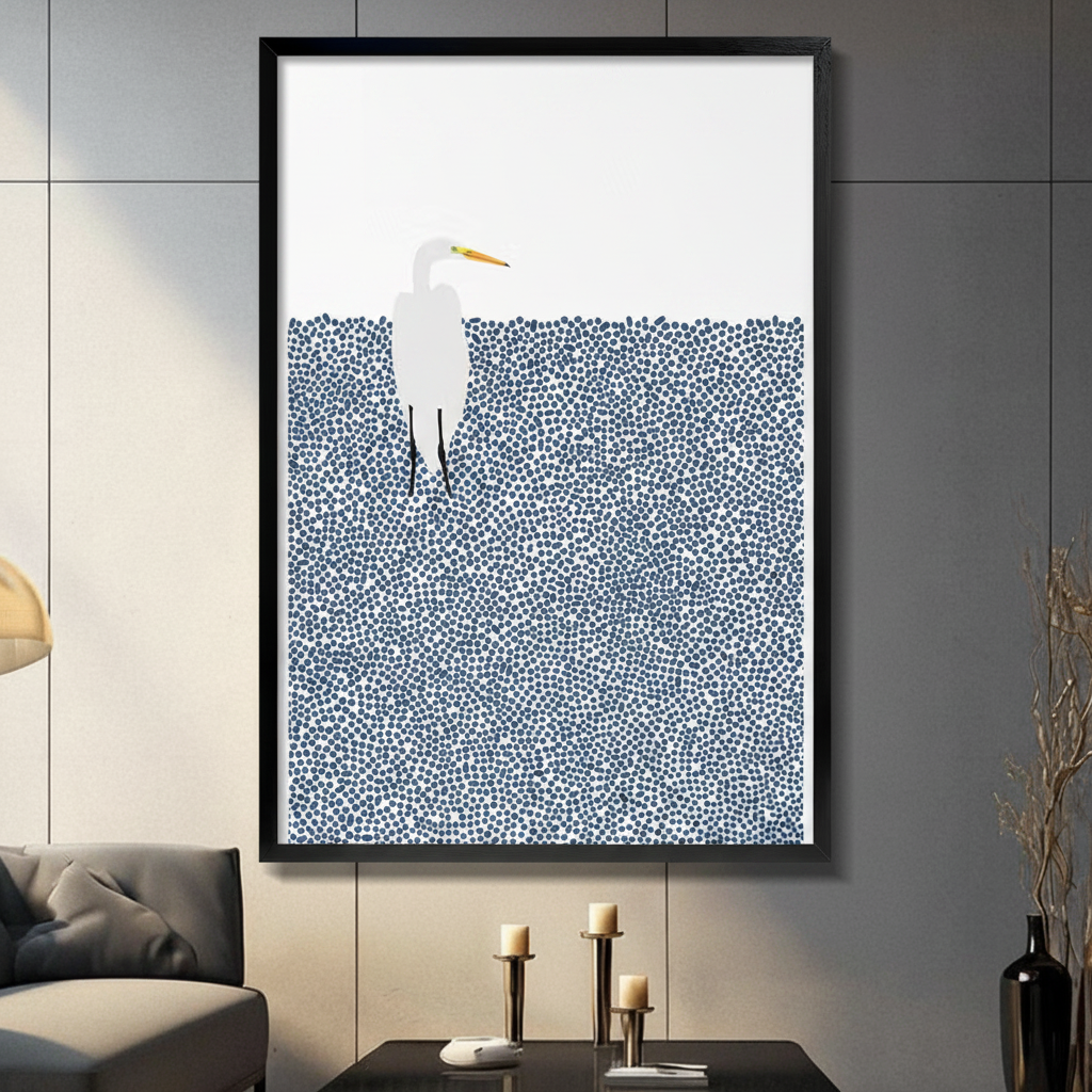Minimalist White Egret Blue Dots Canvas Wall Art