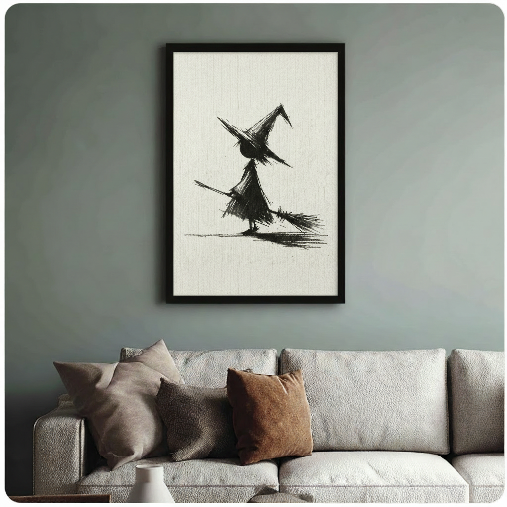 Charcoal Witch Broom Sketch Canvas Wall Art
