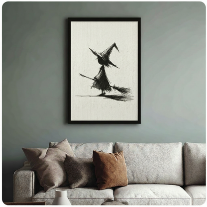 Charcoal Witch Broom Sketch Canvas Wall Art