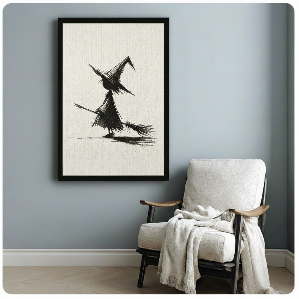 Charcoal Witch Broom Sketch Canvas Wall Art