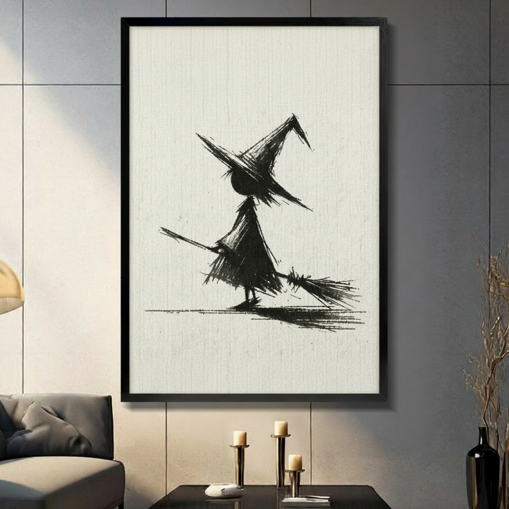Charcoal Witch Broom Sketch Canvas Wall Art