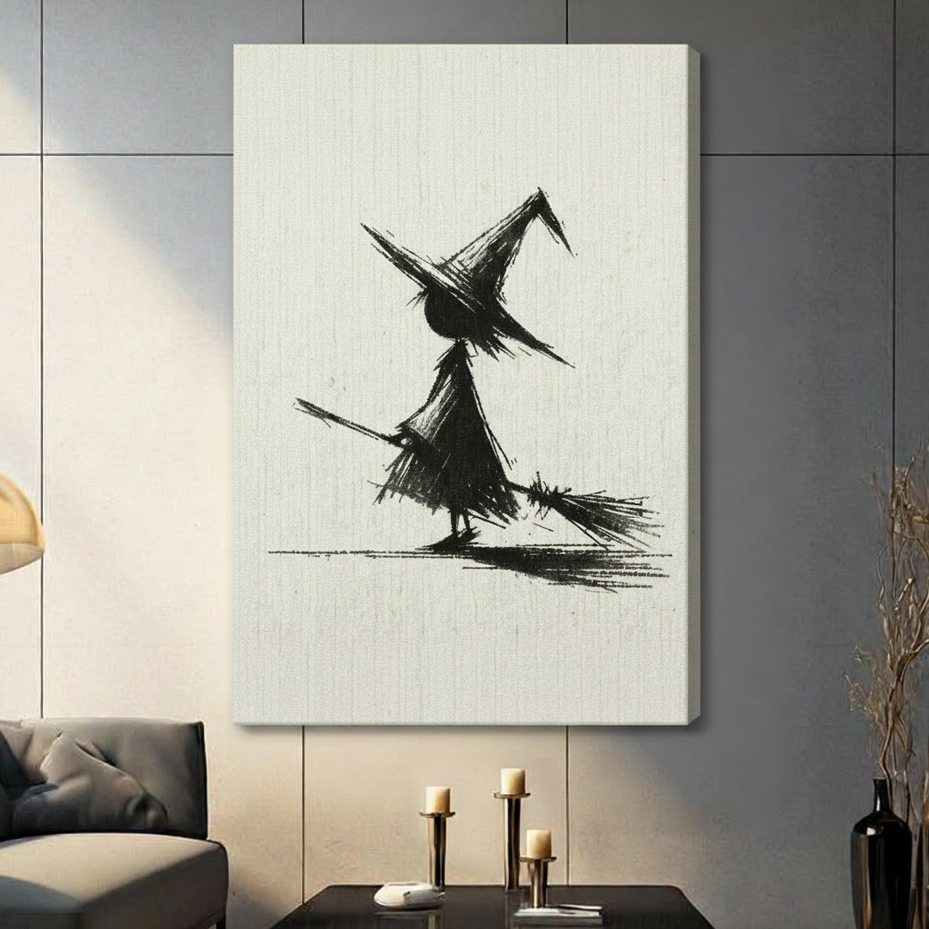 Charcoal Witch Broom Sketch Canvas Wall Art
