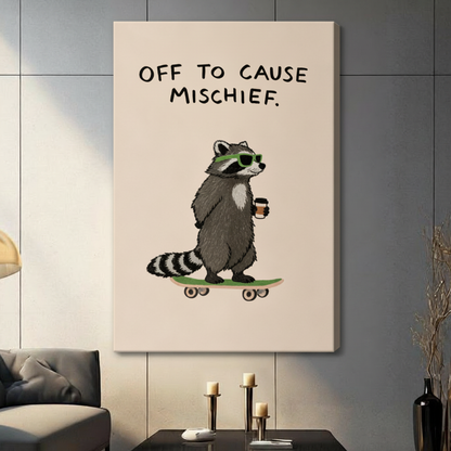 Mischief Raccoon Skateboard Funny Canvas Wall Art