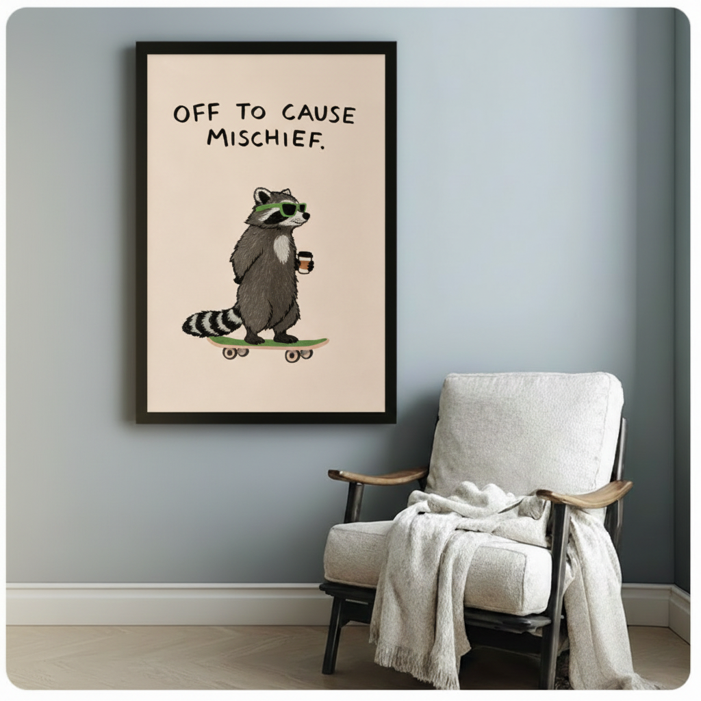 Mischief Raccoon Skateboard Funny Canvas Wall Art