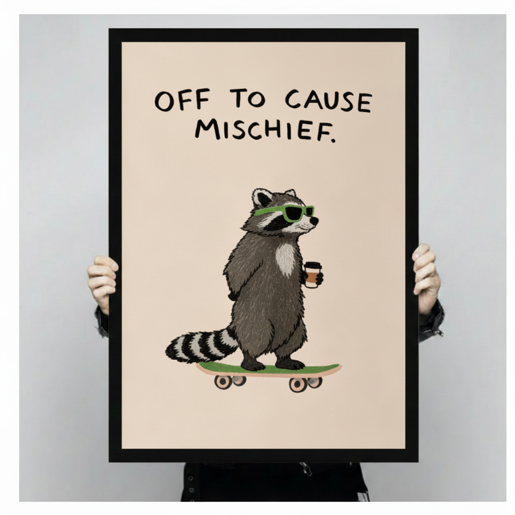 Mischief Raccoon Skateboard Funny Canvas Wall Art