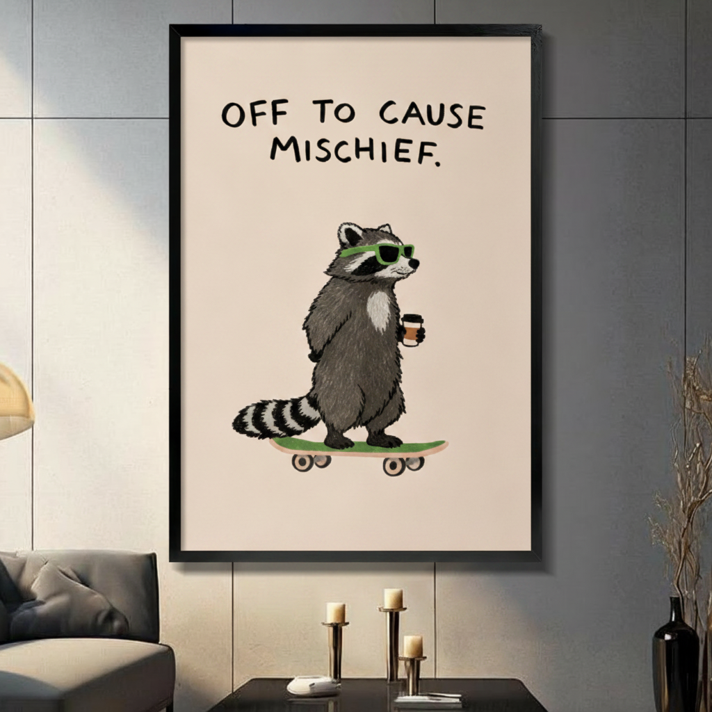 Mischief Raccoon Skateboard Funny Canvas Wall Art
