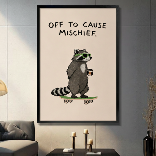 Mischief Raccoon Skateboard Funny Canvas Wall Art
