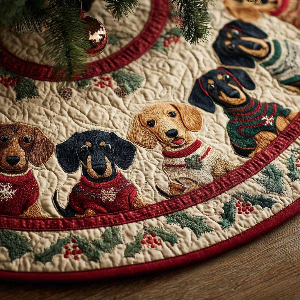 Mistletoe Merry Dachshunds Christmas Quilted Tree Skirt
