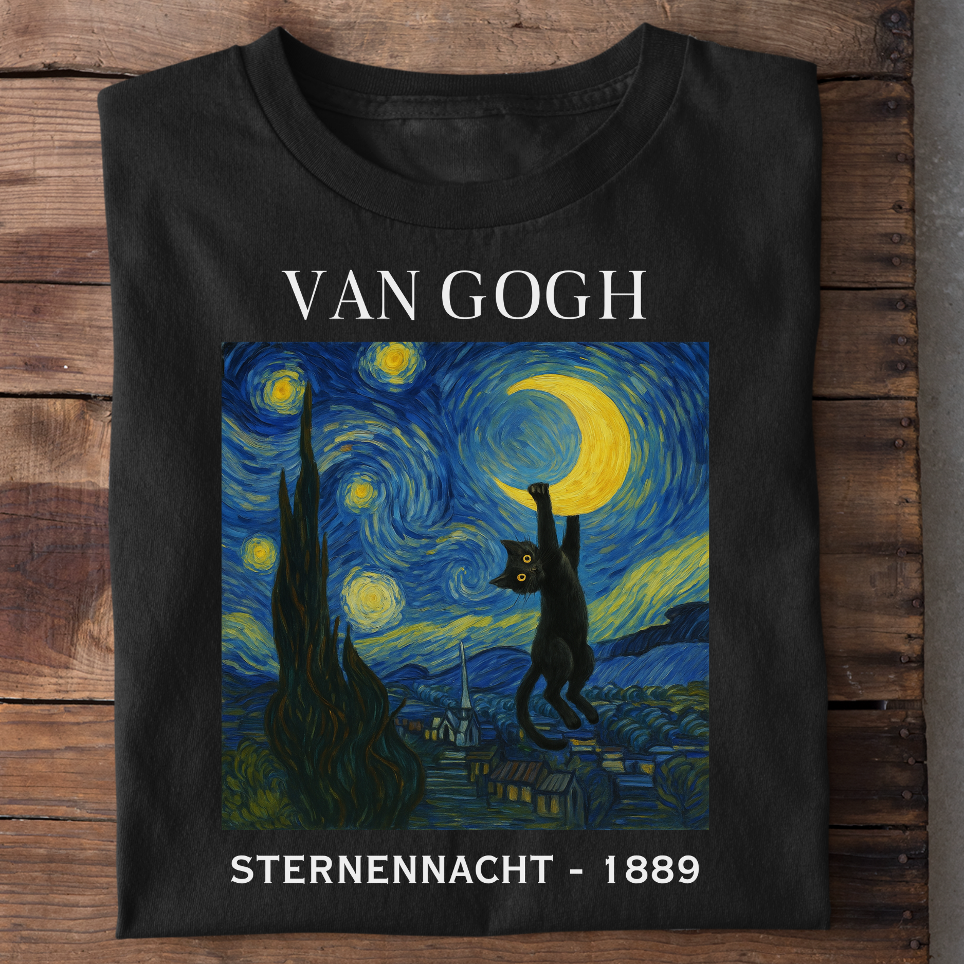 Van Gogh - Sternennacht mit Katze T-Shirt