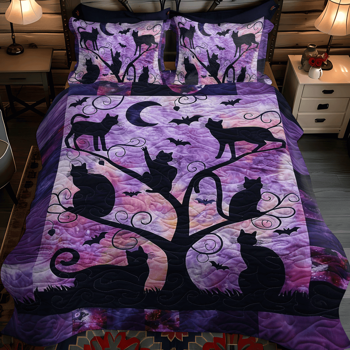 Night Black Cat 3-Piece Quilted Bedding Set - Single (59" x 70")