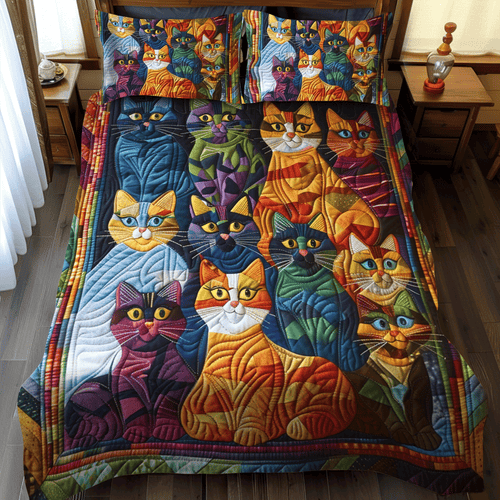Whimsical Cat 3-Piece Quilted Bedding Set - Single (59" x 70")