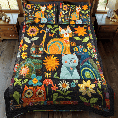 Artistic Cat-Themed 3-Piece Quilted Bedding Set - Single (59" x 70")