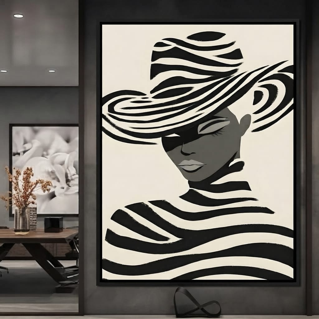 Monochrome Zebra Hat Lady Canvas Wall Art