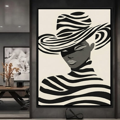 Monochrome Zebra Hat Lady Canvas Wall Art