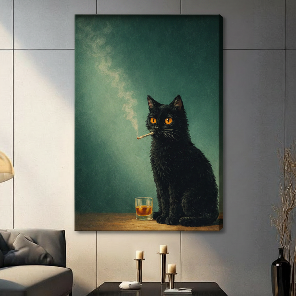 Noir Black Cat Whiskey Oil Painting Canvas Art