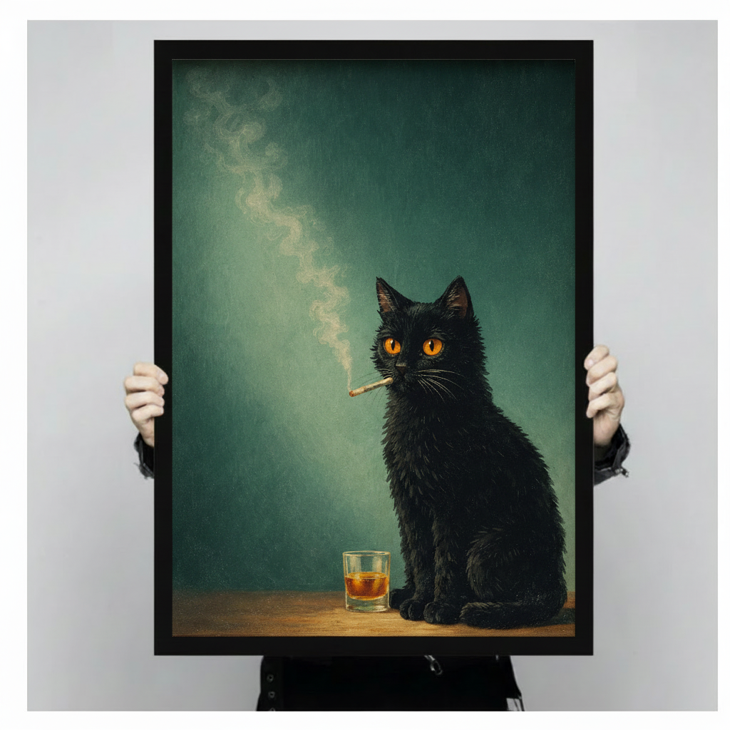 Noir Black Cat Whiskey Oil Painting Canvas Art