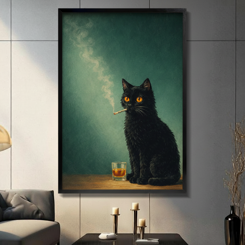 Noir Black Cat Whiskey Oil Painting Canvas Art