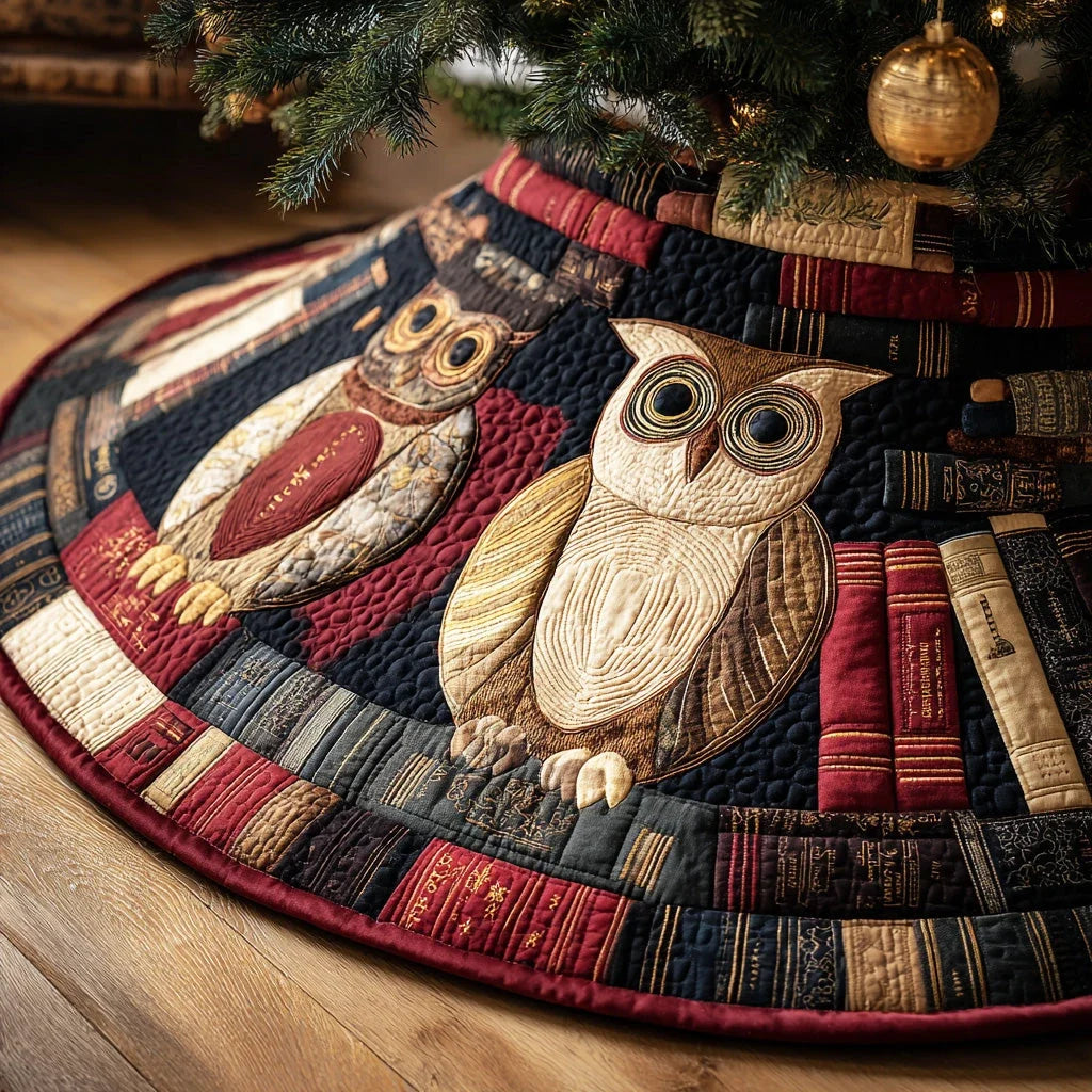 Moon Library Owl Christmas Quilted Tree Skirt