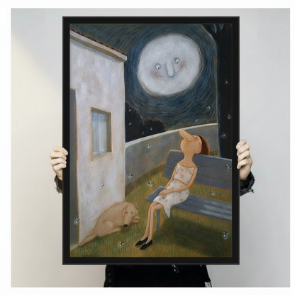 Moonlit Night Girl Dog Whimsical Canvas Print