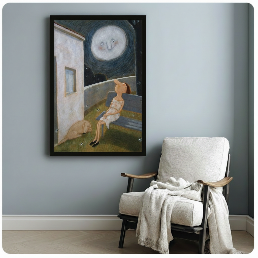 Moonlit Night Girl Dog Whimsical Canvas Print