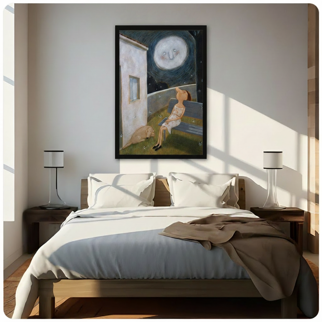 Moonlit Night Girl Dog Whimsical Canvas Print