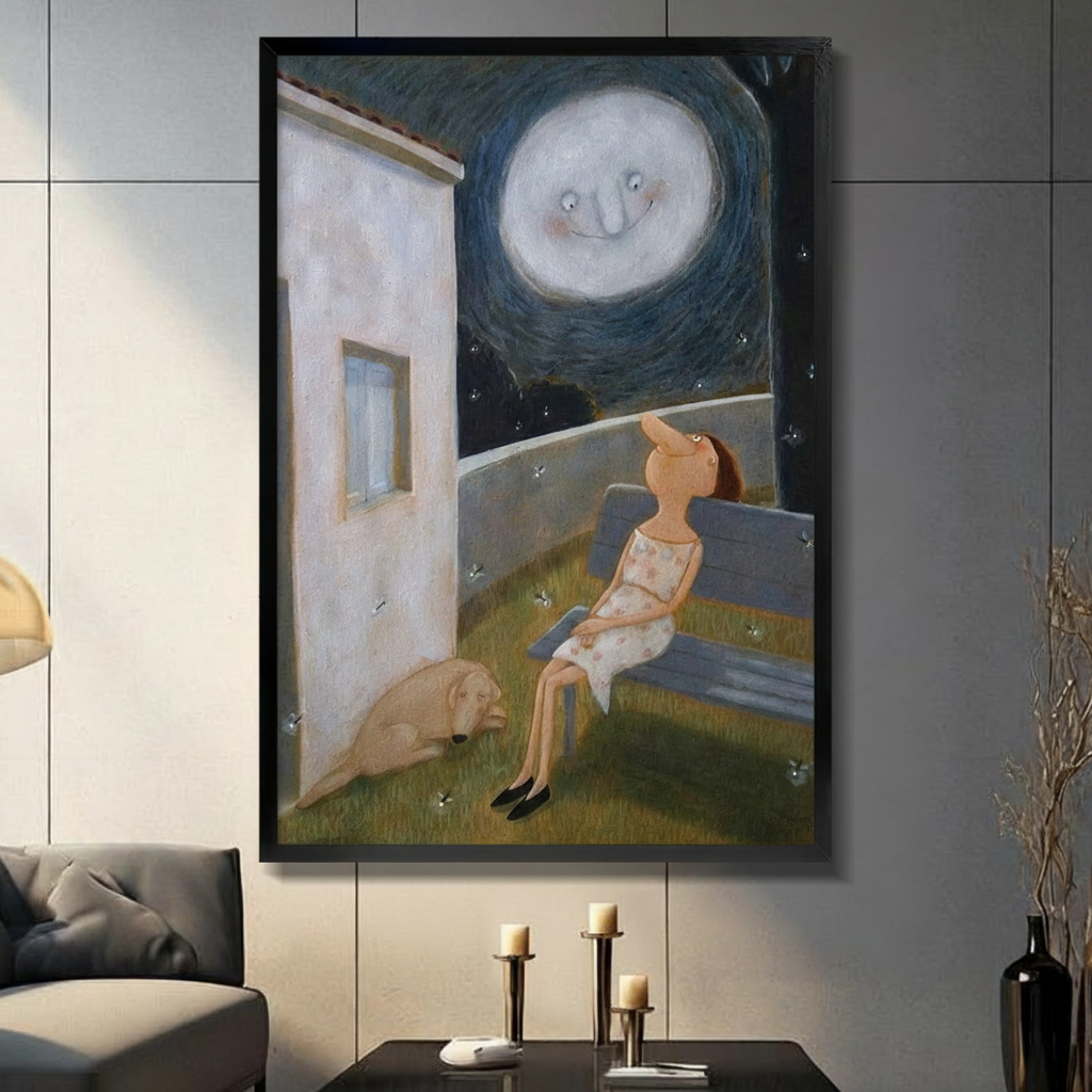 Moonlit Night Girl Dog Whimsical Canvas Print