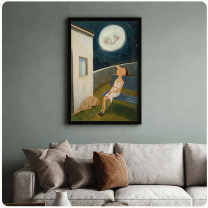 Moonlit Night Girl Dog Whimsical Canvas Print