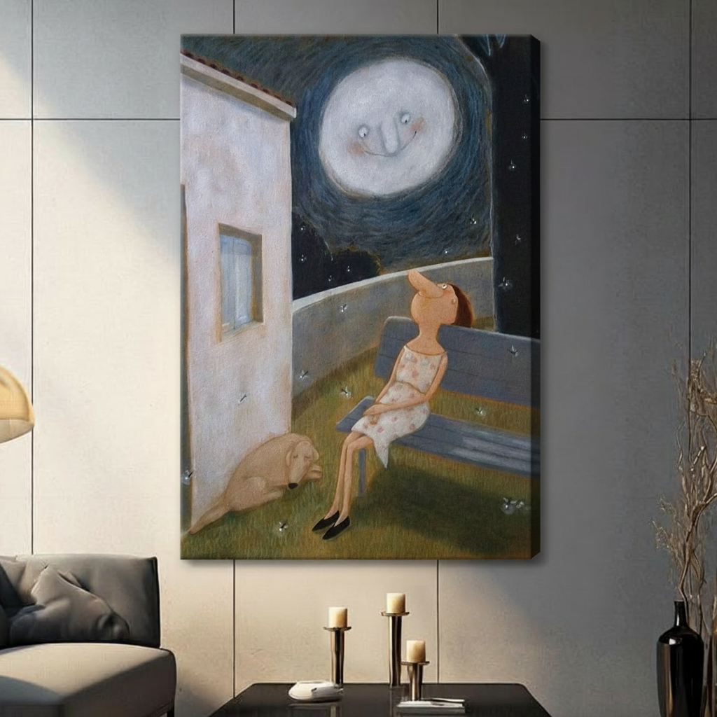 Moonlit Night Girl Dog Whimsical Canvas Print