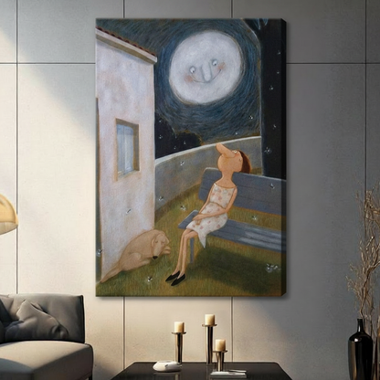 Moonlit Night Girl Dog Whimsical Canvas Print